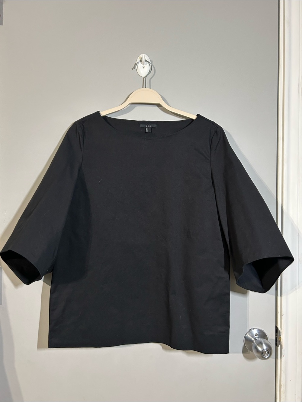 COS Black Boxy Boatneck Cotton Blouse with Elbow-Length Sleeves size 8